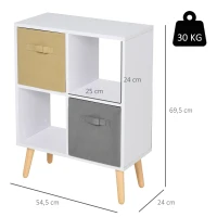 HOMCOM Bücherregal Standregal Kommode Küchenschrank Würfelregal mit offene Ablagefächer und  Stoffschubladen,Weiß+Braun+Grau, Spanplatte, 54,5 x 24 x 69,5 cm(m-3)