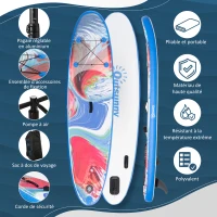 Outsunny Planche de stand up paddle gonflable, pagaie en aluminium réglable, planche antidérapante avec accessoires et sac de transport, dim. 320L x 76l x 15H cm, bleu et blanc(m-4)