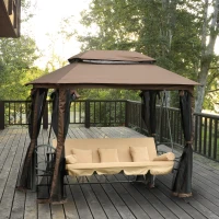 Outsunny Dondolo 3 Posti da Giardino Convertibile in Lettino con Gazebo, con Zanzariera e Cuscini, 257x175x240cm Cachi(m-2)