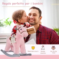 HOMCOM Cavallo a Dondolo per Bambini in Legno e Peluche con Suoni e Orsetto Incluso, per Bimbi da 18-36 Mesi, 65x26x55cm, Rosa(m-6)