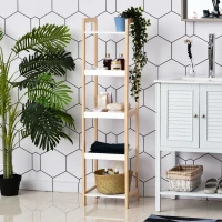 HOMCOM Etagère en Bambou de Salle de Bain étagère Debout 3 paniers + 2 étagères dim. 32L x 30l x 130H cm Beige Blanc(m-2)