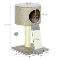 PawHut Árbol Rascador para Gatos Pequeño Altura 50 cm Torre Escalador de Gato con Cueva Rampa Poste Rascador de Sisal Natural y Bola Colgante 30x30x50 cm Beige Oscuro(m-3)