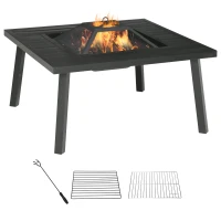 Outsunny Feuerschale Feuertisch mit Schürhaken Funkenschutz Feuerkorb Feuerstelle für Garten Camping BBQ Stahl Schwarz 81 x 81 x 53 cm(m-1)