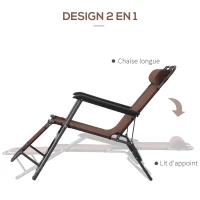 Outsunny Chaise Longue inclinable transat Bain de Soleil fauteuil relax jardin 2 en 1 Pliant têtière Amovible Charge Max. 136 Kg Toile Oxford Facile d'entretien Marron(m-6)