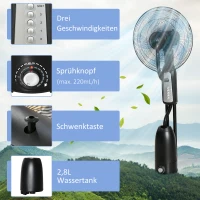HOMCOM Ventilator mit Wasserkühlung, Standventilator mit Verstellbar Sprühnebel, 3 Geschwindigkeiten, 2,8 L Wassertank, 70° oszillierend, 90 W Wasserventilator mit Rollen, 120 cm(m-5)