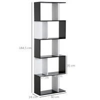 HOMCOM Bibliothèque à 5 niveaux, meuble de rangement en forme de S avec étagères, étagère de rangement pour salon, chambre bureau, 60 x 24 x 184,5 cm, noir, blanc(m-3)