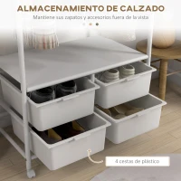 HOMCOM Perchero Zapatero con Ruedas para Recibidor con 8 Ganchos 4 Cestas para Zapatos y Marco de Acero 63x37x153 cm Blanco(m-6)