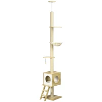 PawHut Kratzbaum, deckenhoch, Katzenhaus, zwei Plattformen, Hängematte, Kippschutz, hellbraun+beige, 40 x 40 x 260 cm(m-10)