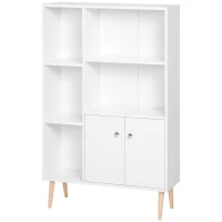 HOMCOM Bibliothèque scandinave meuble de rangement dim. 80L x 23,5l x 123H cm 5 niches placard 2 portes pieds effilés inclinés bois massif panneaux particules blanc(m-10)