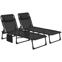 Outsunny Portable Sun Lounger Set of 2, Folding Camping Bed Cot, Reclining Lounge Chair 5-position Adjustable Backrest with Side Pocket, Pillow for Patio Garden Beach Pool, Black(m-1)