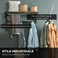 HOMCOM Mensola Portaoggetti Salvaspazio a Parete con 7 Ganci e Asta, in Acciaio e Truciolato, 66x30x27 cm(m-6)