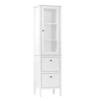 kleankin Armario Alto para Baño Mueble Columna de Baño con Puerta de Cristal Estantes Ajustables y 2 Cajones 43x35x160 cm Blanco(m-1)