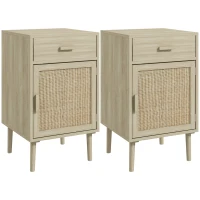 HOMCOM Juego de 2 Mesitas de Noche Mesillas de Noche con Cajón de Ratán y Estante Ajustable 40x40x68,5 cm Roble(m-1)