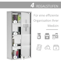 HOMCOM Medizinschrank Arzneischrank aus Edelstahl, Abschließbar Medikamentenschrank mit 4 Fächern, Glastür Apothekerschrank zur Medikamenten-Aufbewahrung, 30 x 12 x 60 cm(m-5)