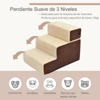 PawHut Escalera para Mascotas Perros Gatos de 3 Peldaños Desmontable y Funda Extraíble Portátil Carga 15 kg 54x40x39 cm Marrón y Beige(m-5)