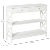 HOMCOM Tavolo Consolle con 2 Cassetti e 2 Mensole, Consolle Ingresso e Soggiorno in MDF, 100x30.5x80cm, Bianco(m-3)