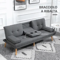 HOMCOM Divano Letto 3 Posti Reclinabile con 2 Braccioli Staccabili, in Tessuto Effetto Lino e Legno di Pioppo, 181x77x78 cm(m-7)