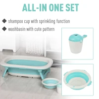 HOMCOM 3 in 1 Collapsible Baby Bath Tub Set Folding Kids Tub Wash Basin Shampoo Cup Non-Slip Support Leg for 0-3 Years, Green(m-6)