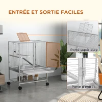 PawHut Cage pour petits animaux sur roulettes 2 niveaux avec 2 portes, 1 rampe, 1 étagère de rangement 61,5 x 44,5 x 86 cm gris(m-7)
