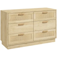 HOMCOM Cómoda de Madera con 6 Cajones de Rejilla de Ratán Estilo Bohemio Mueble Cajonera para Salón Oficina 110x40x69 cm Roble(m-10)