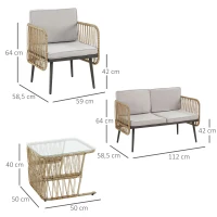 Outsunny Ensemble salon de jardin 4 pièces canapé 2 places + 2 fauteuils + 1 table basse plateau verre trempé 8 coussins - métal et résine tressée - beige(m-3)
