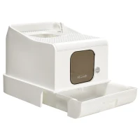 PawHut Maison de toilette pour chat 2 portes avec pelle et bac amovible - roulettes et poignée - PE blanc(m-10)