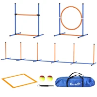 PawHut Juego de Agilidad para Perros de 4 Piezas con Piquetes para Slalom Zona de Reposo Valla y Anillo de Salto Naranja y Azul(m-10)