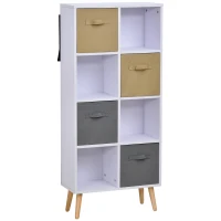 HOMCOM Biblliothèque étagère scandinave 4 niches 4 paniers tissu kaki gris pieds effilés bois pin panneaux particules blanc(m-1)