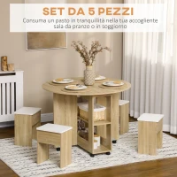 HOMCOM Set Tavolo e Sedie 5 Pezzi in Truciolato, Tavolo Rotondo con 2 Ripiani Aperti e 4 Sgabelli Moderni(m-4)