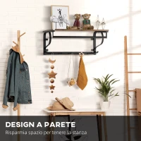 HOMCOM Mensola Portaoggetti Salvaspazio a Parete con 7 Ganci e Asta, in Acciaio e Truciolato, 66x30x27 cm(m-5)