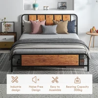 HOMCOM 5.2ft King Bed Frame with Industrial Wood Headboard, Steel Slat Support and 31cm Underbed Storage Space, 160 x 207cm, Rustic Brown(m-4)