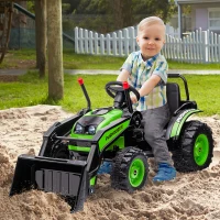 HOMCOM Tractor Excavadora Eléctrico para Niños de +3 Años Vehículo Infantil con Batería 6V Pala Música y Luces Velocidad de 2 Niveles 132x62x65 cm Negro y Verde(m-2)