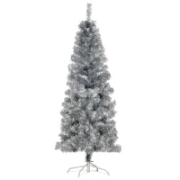 HOMCOM Albero di Natale Slim Artificiale Alto 150cm con 408 Rami, Albero di Natale Slim con Base Rimovibile, in PET e Acciaio, Argento(m-10)