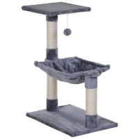 PawHut Arbre à chat 3 griffoirs grattoirs sisal naturel plateforme hamac et boule suspendue dim. 50L x 36l x 70H cm peluche courte gris(m-10)