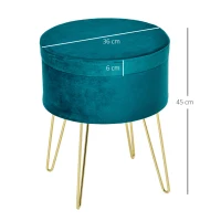 HOMCOM Pouf Contenitore 2 in 1 con Funzione Sgabello e Tavolino, in Legno e Tessuto Verde, Metallo con Finitura Oro, 36x36x45cm(m-3)