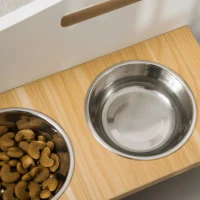 PawHut Cama de Madera para Perros Gatos Cama para Mascotas con Comedero 2 Cuencos Cojín Acolchado y Asas Huecas 100x56x39 cm Roble y Blanco(m-8)
