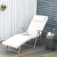 Outsunny Sun Lounger Steel Frame Outdoor Folding Chaise Texteline Lounge Chair Recliner with Headrest & 7 Levels Adjustable Backrest, Cream White(m-2)