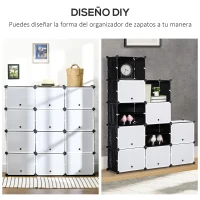 HOMCOM Armario Modular de Plástico Armario Portátil con 12 Cubos Organizador de Zapatos 125x32x125 cm Negro y Blanco(m-6)