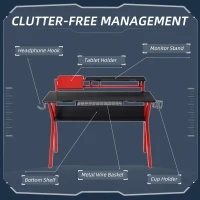 HOMCOM Gaming Desk, Computer Table with Monitor Stand, Cup Holder, Headphone Hook, Wire Basket and Metal Frame, 120cm, Red(m-5)