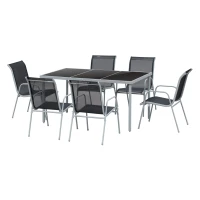 Outsunny Conjunto de Muebles Exterior para Jardín de 7 Piezas Incluye 1 Mesa y 6 Sillas Apilables con Reposabrazos 150x90x72cm Negro(m-10)
