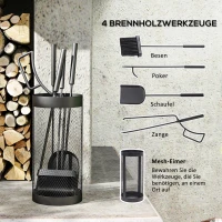 Outsunny Kaminbesteck, 5-teilig, Besen, Schaufel, Zange, Schürhaken und Korb, feuerfestes Metall, Schwarz(m-4)