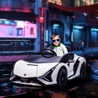 HOMCOM Lamborghini Sian Licensed 12V Electric Car for Kids 2 Motors Toy Car with Remote Control Music Lights MP3 for 3-5 Years White(m-2)