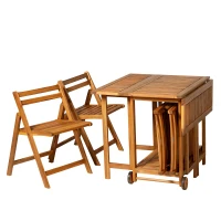 Outsunny Salon de jardin style colonial 4 pers. 5 pièces table à manger avec roulettes + 4 chaises pliables bois massif acacia pré-huilé(m-8)