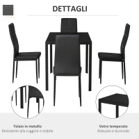 HOMCOM Set 5 Pezzi con 1 Tavolo e 4 Sedie per Cucina o Sala da Pranzo in Finta Pelle, Metallo e Vetro Temperato, Nero(m-6)