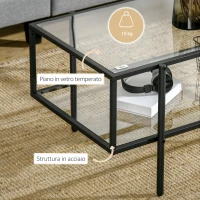 HOMCOM Tavolino da Salotto a 2 Livelli in Acciaio e Vetro Temperato per Casa e Ufficio, 100x55x45.5 cm(m-5)