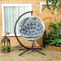 Outsunny Hanging Egg Chair Outdoor Indoor Garden Swing Chair with Folding Basket, Garden Hanging Chair with Stand, Thickened Cushion, Cup Holder for Patio, Balcony, Grey(m-8)