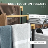 kleankin Porte-serviettes en bambou et acier sur pieds avec 3 barres support pour serviette 45 x 22,5 x 86 cm noir et naturel(m-5)