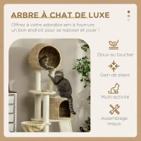 PawHut Arbre à chats griffoir sisal naturel 2 niches plateforme hamac peluche jacinthe d'eau - 60 x 60 x 150 cm beige(m-6)