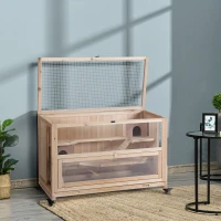 PawHut Wooden Hamster Cage, Mice Rodent Small Animals Kit Hutch, 3 Tiers Exercise Play House, with Wheels, Bottom Tray, 99 x 50 x 69 cm, Natural Wood(m-10)