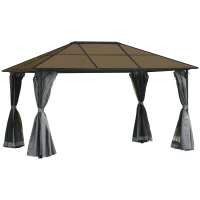 Outsunny Pavillon mit Polycarbonatdach, Vorhänge mit Fliegennetz, Alugestell, dunkelgrau, 3 x 4 x 2,6 m(m-1)